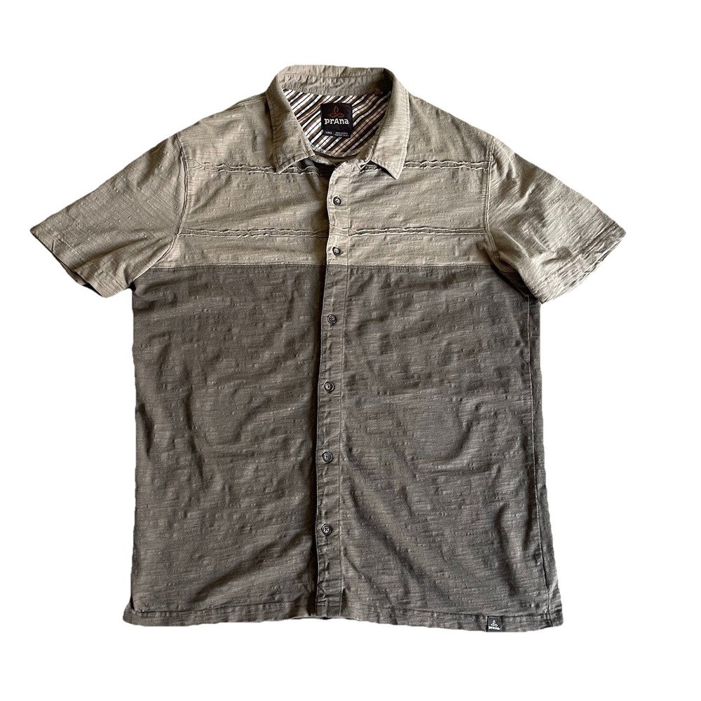 Prana Men's Broderick Button Down Large Brown Slim Fit Short Sleeves